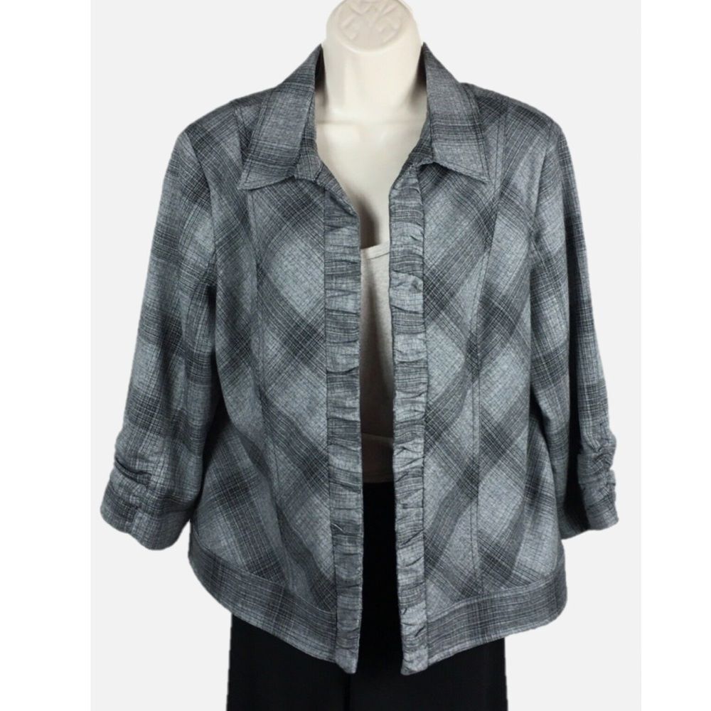 Christopher Banks Open Jacket Gray Black Plaid Shirred Cuffs Rayon size XL